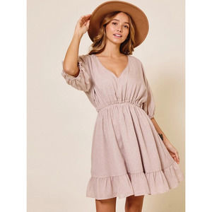Taupe Short Sleeve V-Neck Elastic Waist Mini Dress